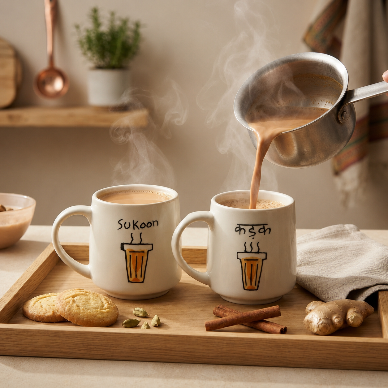 Two white ceramic mugs with Hindi text and coffee cup illustrations sit on a wooden tray, with hot coffee being poured from a metal pot into one mug in a cozy kitchen setting.