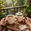 Two mugs with steaming coffee and a cat-shaped lid on a wooden table outdoors.