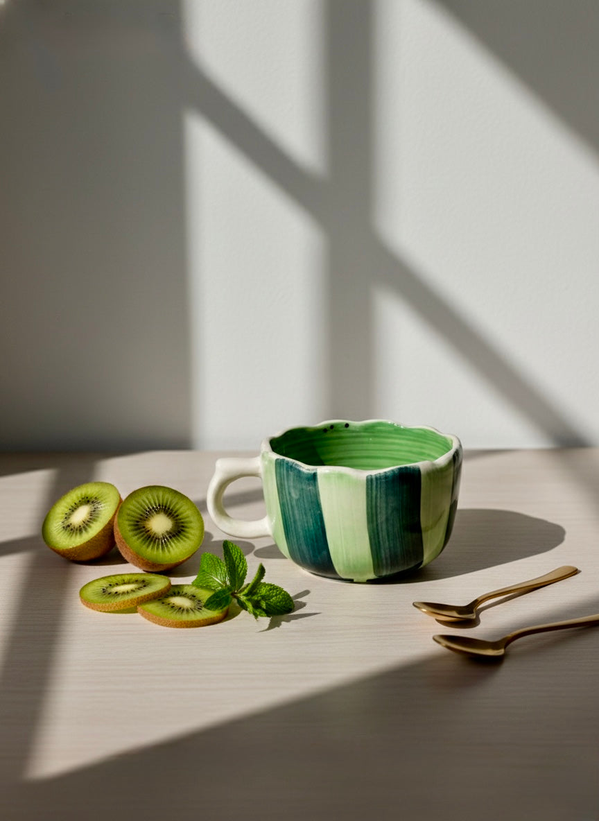 Green ceramic mug with kiwi slices and a sprig of mint on a wooden surface.