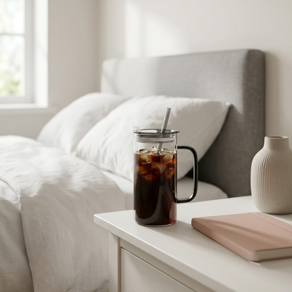 Iced coffee in a glass mug with a straw on a nightstand next to a bed.