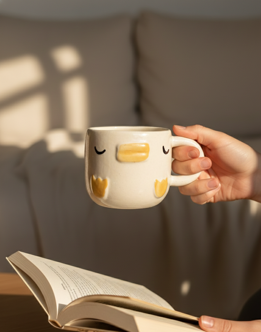 Person holding a mug with a face design while reading a book indoors.