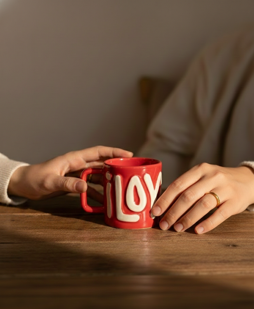 Two hands holding a red mug with 'iLOVE' on a wooden surface.