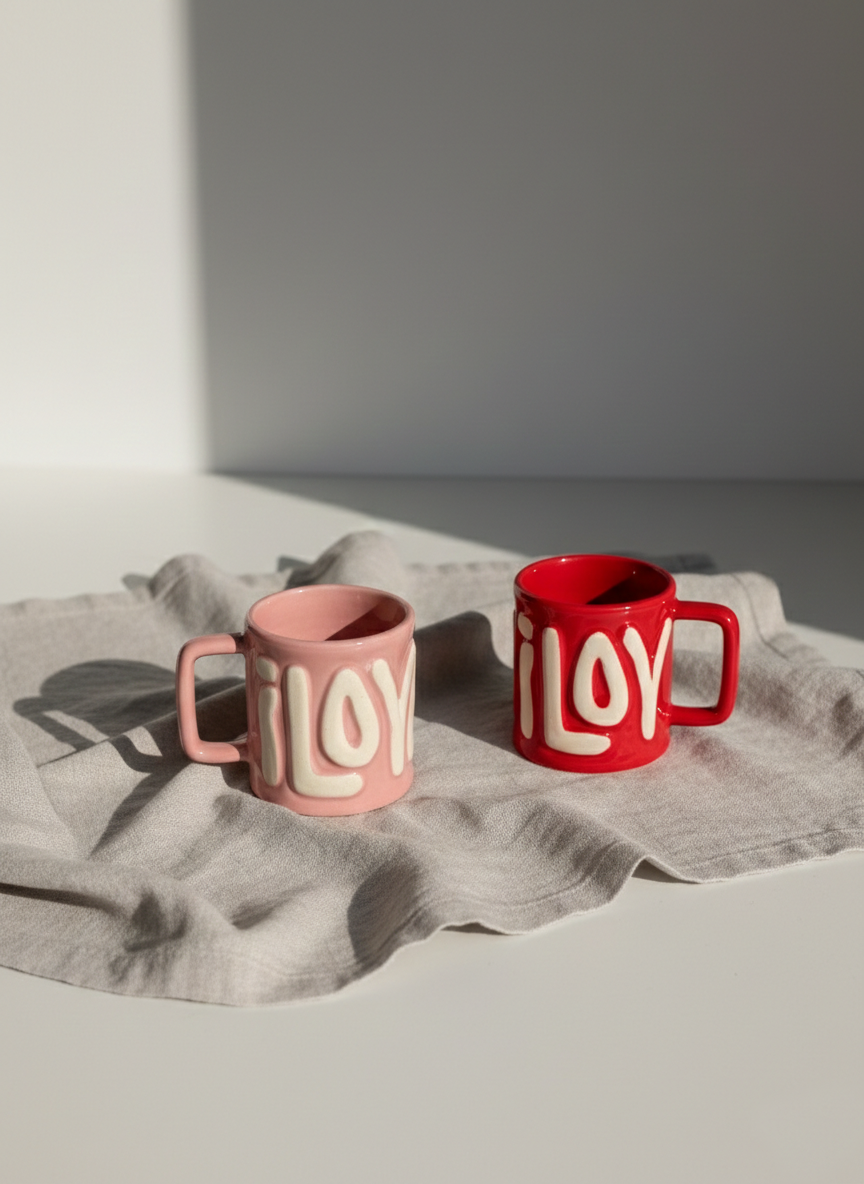 Two mugs with 'LOVE' printed on them, one pink and one red, on a textured surface.