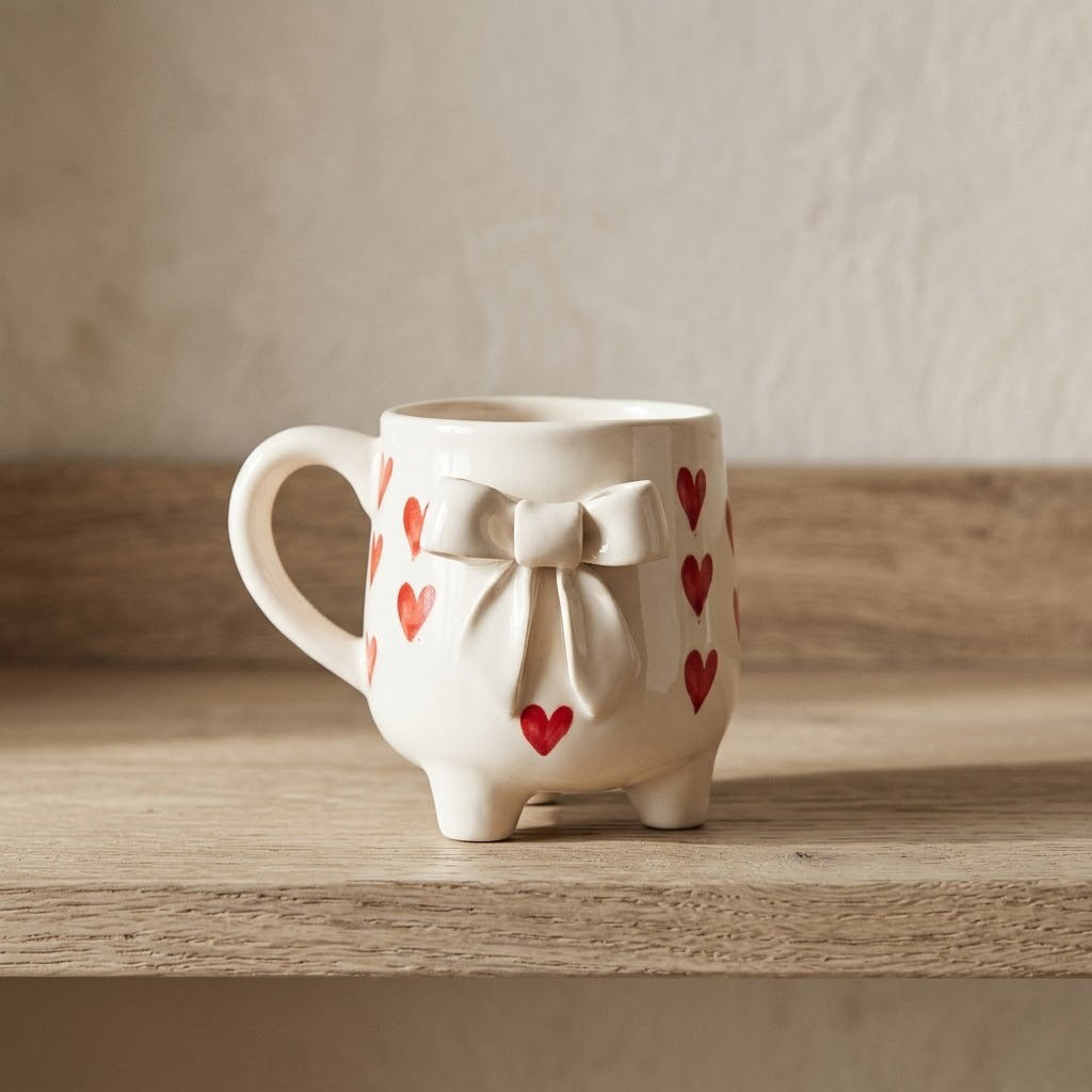 White mug with a bow and red hearts on a wooden surface