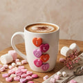 White mug with 'I LOVE U' letters, surrounded by heart-shaped candies and marshmallows on a wooden surface.