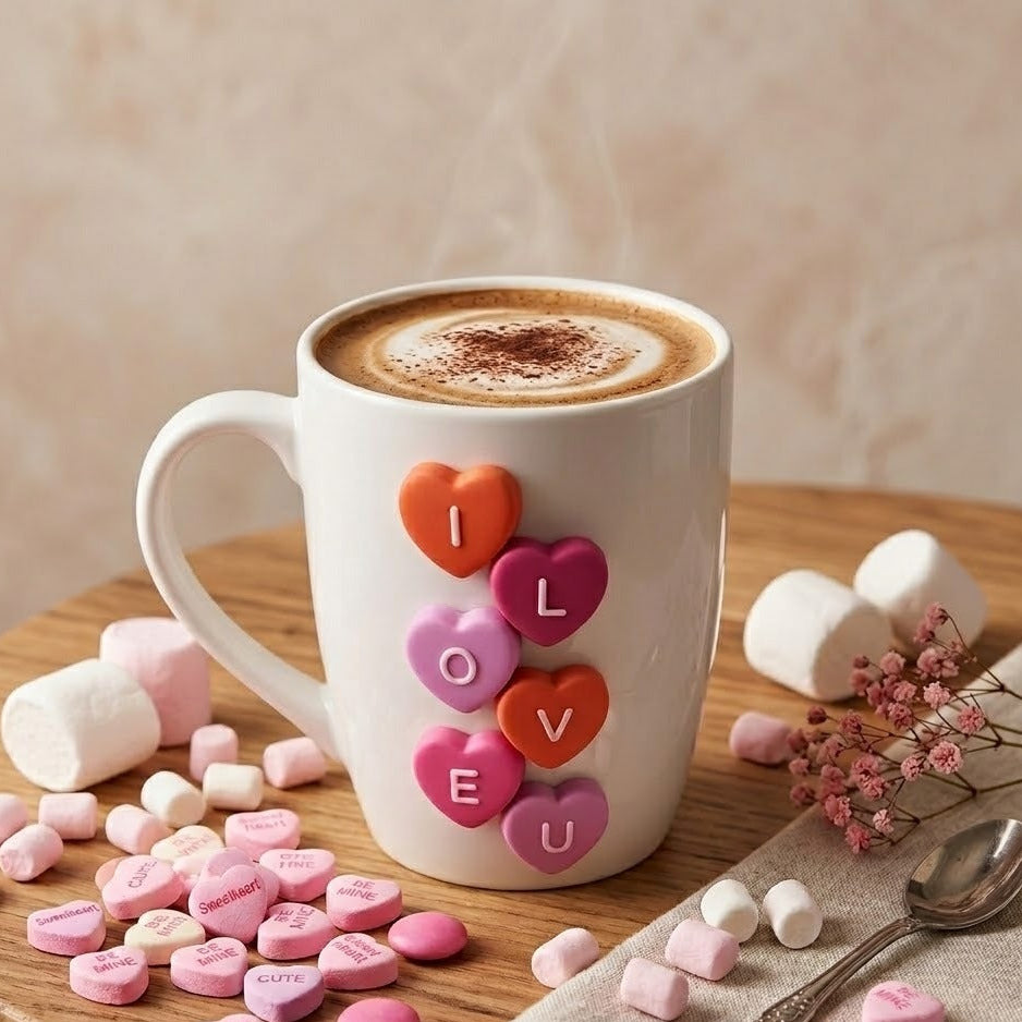 White mug with 'I LOVE U' letters, surrounded by heart-shaped candies and marshmallows on a wooden surface.