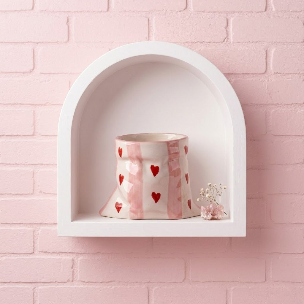 Ceramic planter with heart patterns on a white shelf against a pink brick wall.