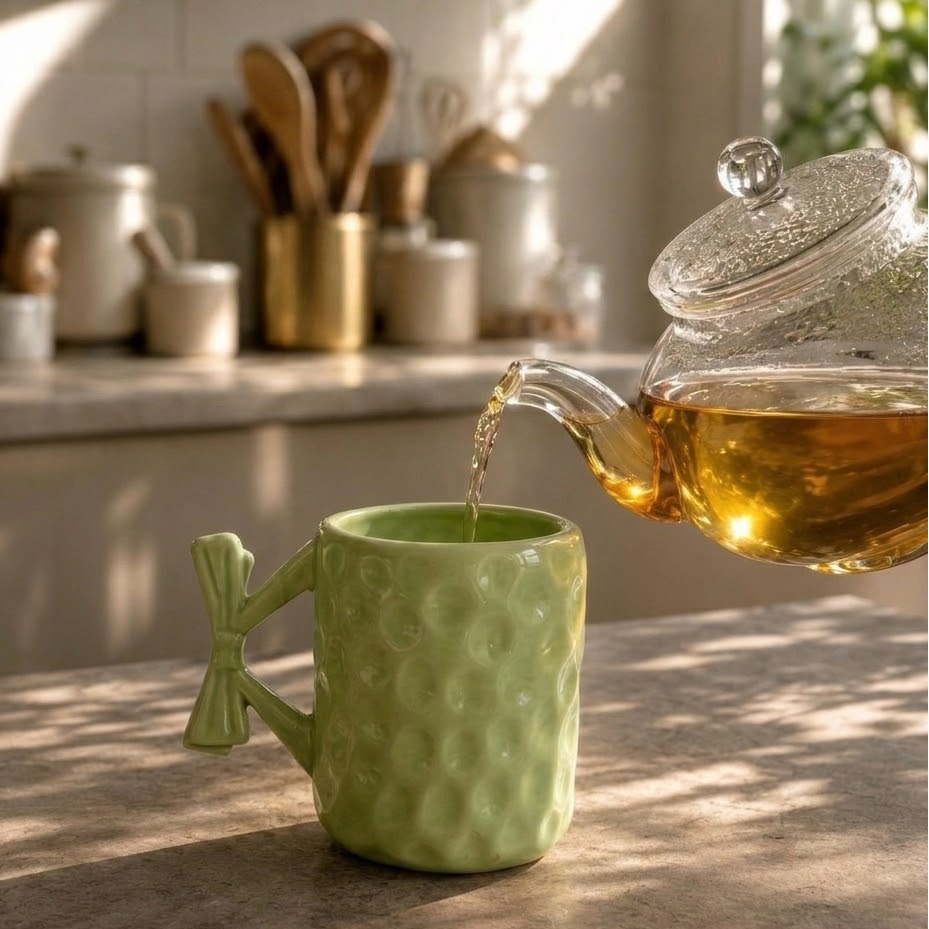 Green textured mug being filled with tea from a clear teapot on a kitchen counter.