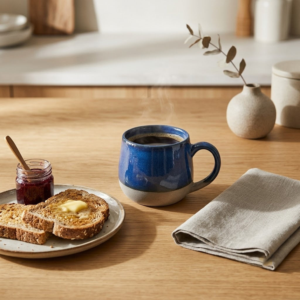 Blue mug with steaming coffee, toast with butter and jam, and a napkin on a wooden table.