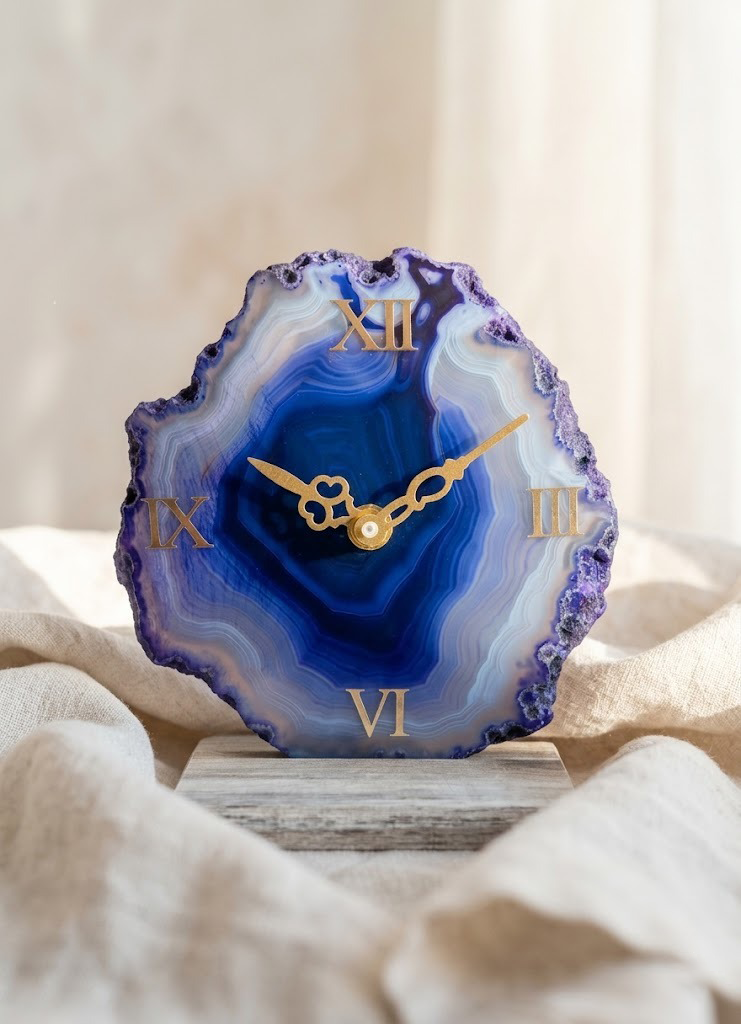 Decorative clock with blue and purple agate design on a soft beige background