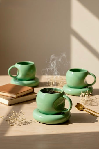 Three green ceramic mugs on a wooden surface with steam rising from one of them.