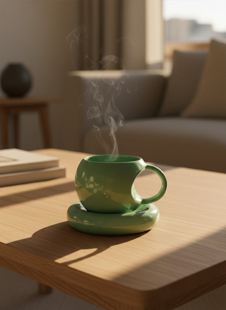 Steaming green mug on a wooden table with a blurred indoor background