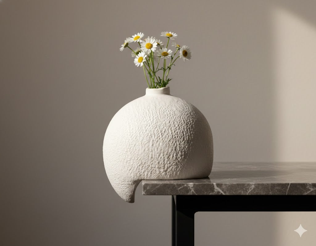Textured white vase with flowers on a marble surface against a plain wall