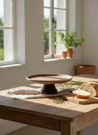Wooden table with a cake stand, bread, and herbs in a bright room with large windows.