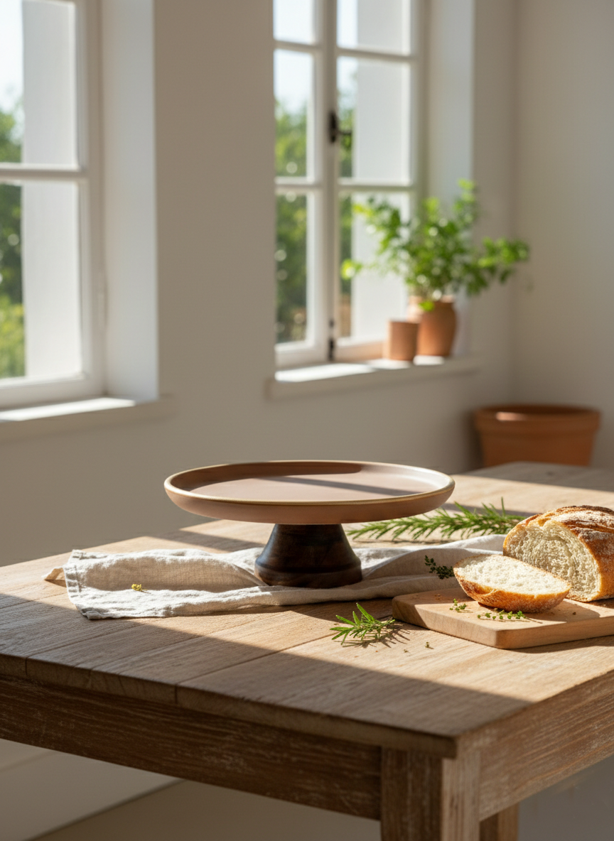 Wooden table with a cake stand, bread, and herbs in a bright room with large windows.