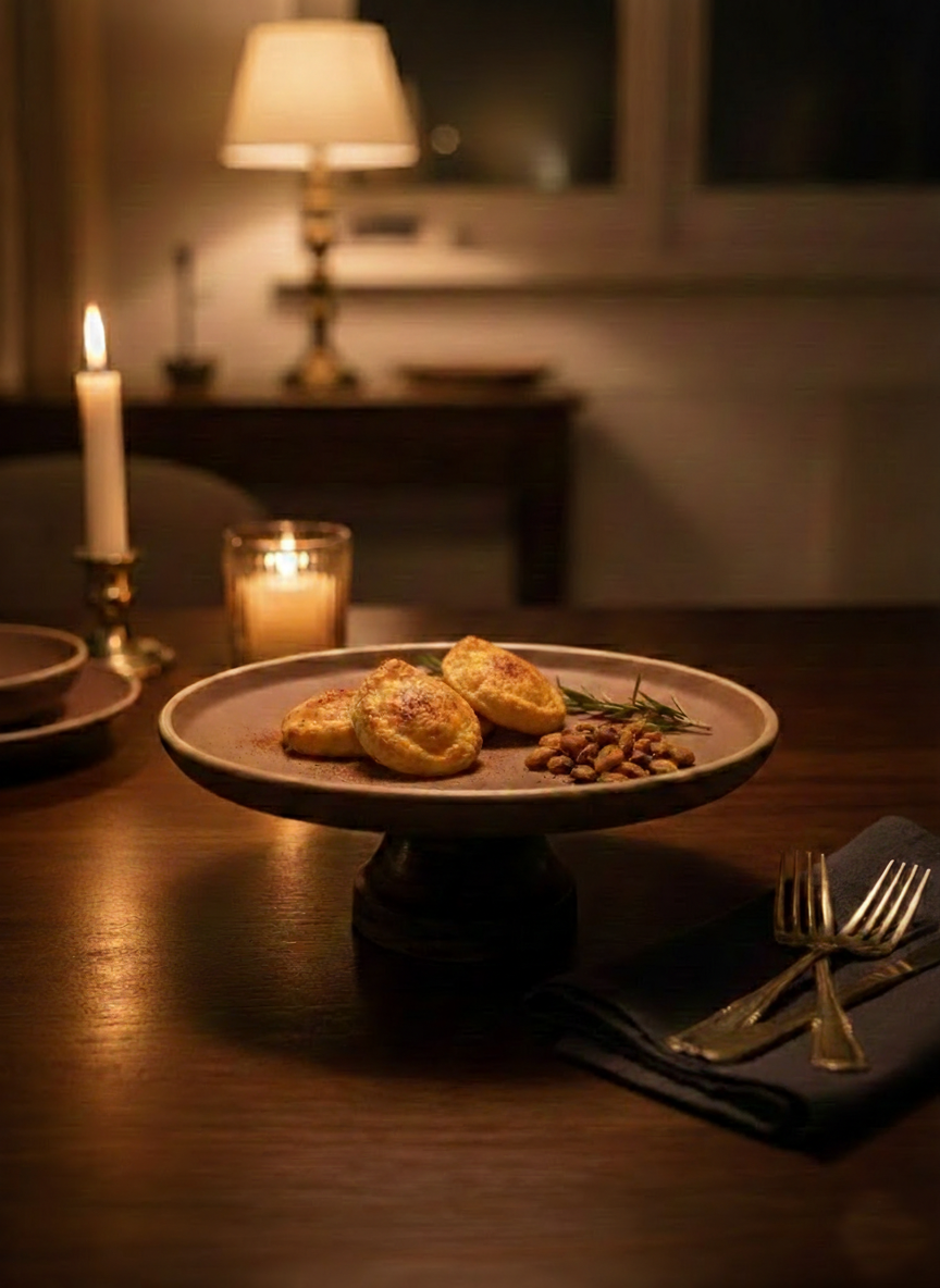 Dinner table setting with a plate of food, candles, and cutlery in a cozy indoor setting.