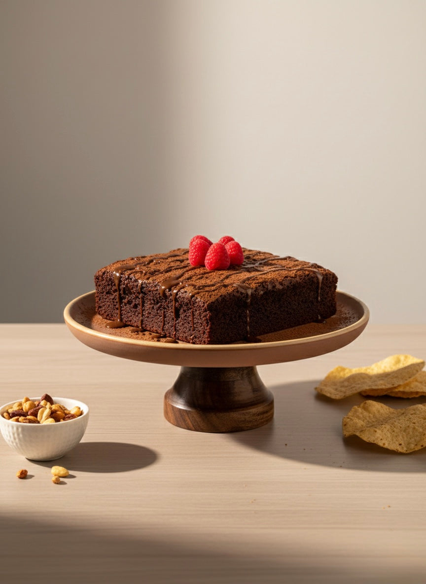 Chocolate cake on a wooden stand with raspberries, surrounded by cookies and a bowl of nuts on a wooden surface.