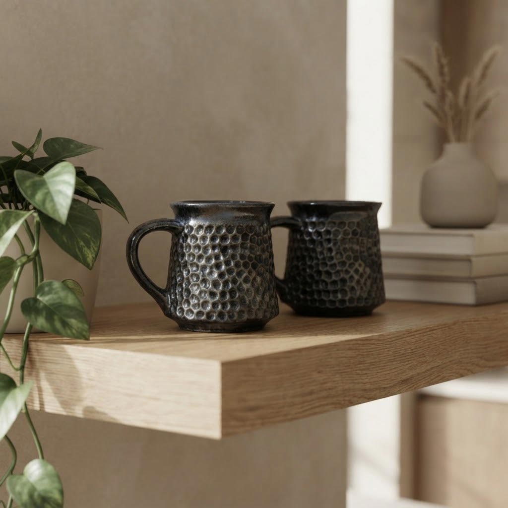 Two dark hammered ceramic mugs resting on a light wood floating shelf in a styled interior setting with a plant and books in the background.