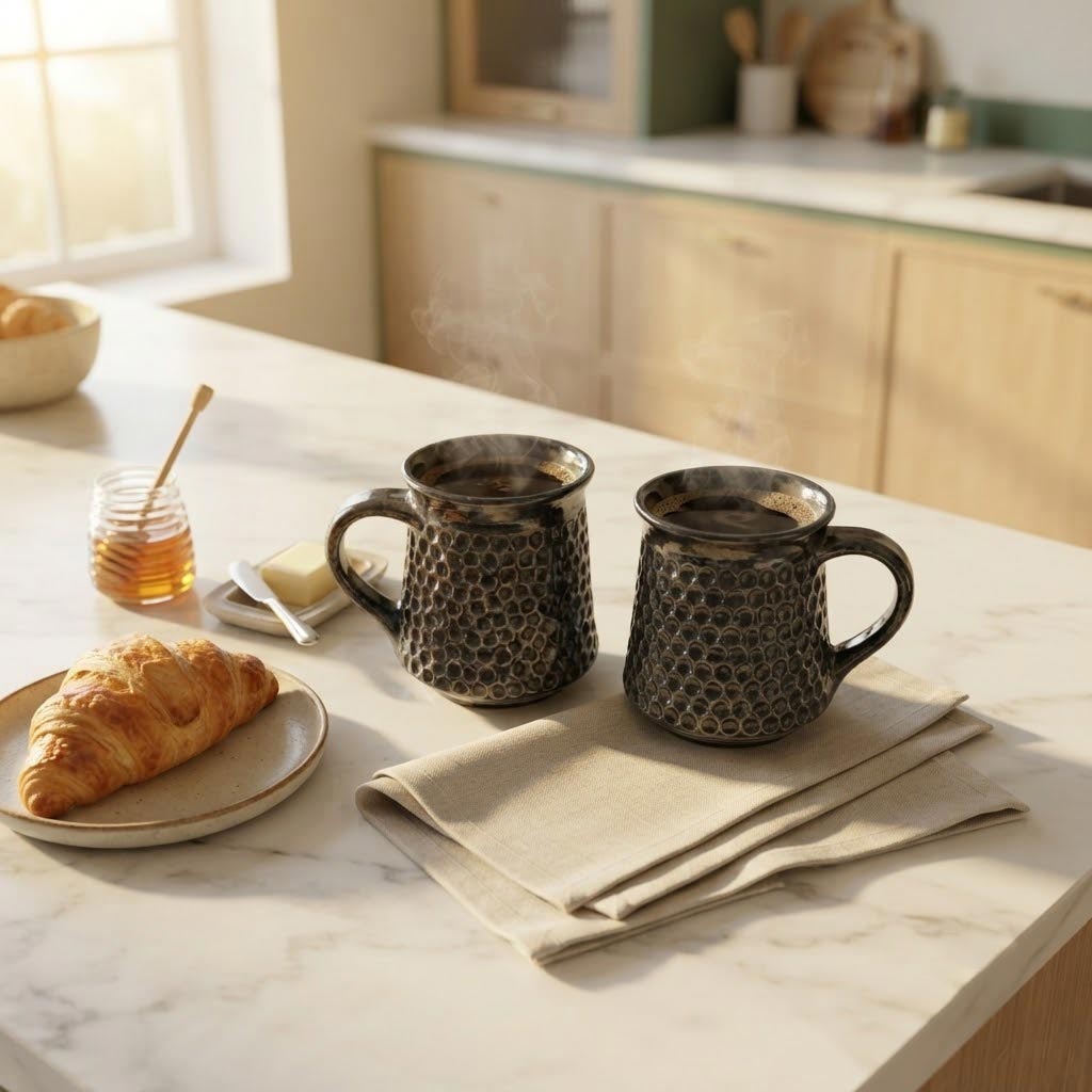 Two dark textured ceramic mugs filled with coffee on a white marble kitchen counter, alongside a croissant, honey, butter, and a beige napkin, with a blurred kitchen background.