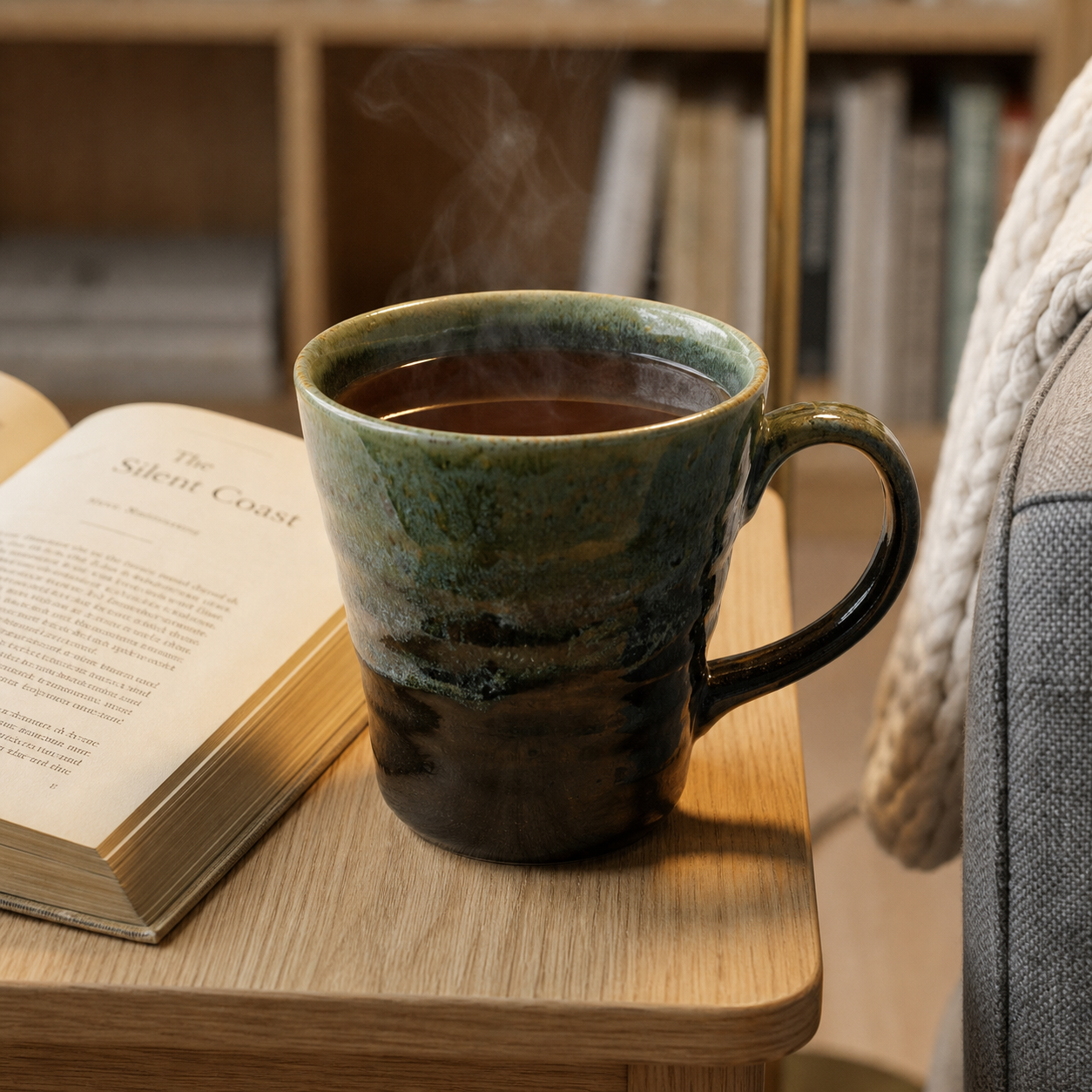 Steaming mug of coffee on a wooden table next to an open book