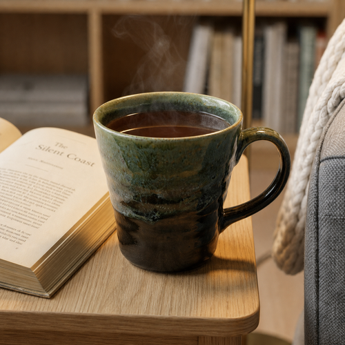 Steaming mug of coffee on a wooden table next to an open book