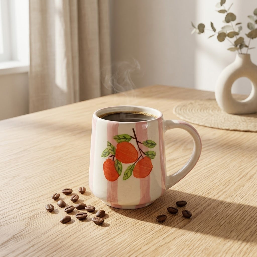 Coffee mug with orange design on a wooden table with coffee beans and steam.