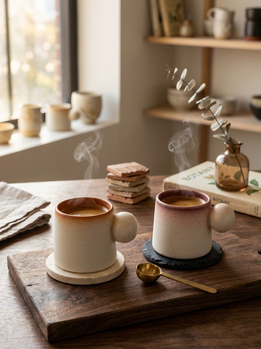 Two ceramic mugs with steaming coffee on a wooden tray in a cozy room.