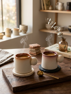 Two ceramic mugs with steaming coffee on a wooden tray in a cozy room.