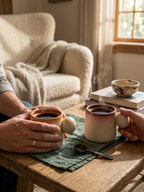 Two people holding mugs of steaming hot coffee on a wooden table with a cozy armchair and window in the background.