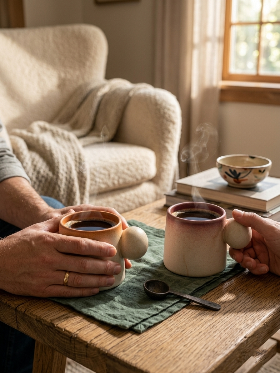 Two people holding mugs of steaming hot coffee on a wooden table with a cozy armchair and window in the background.