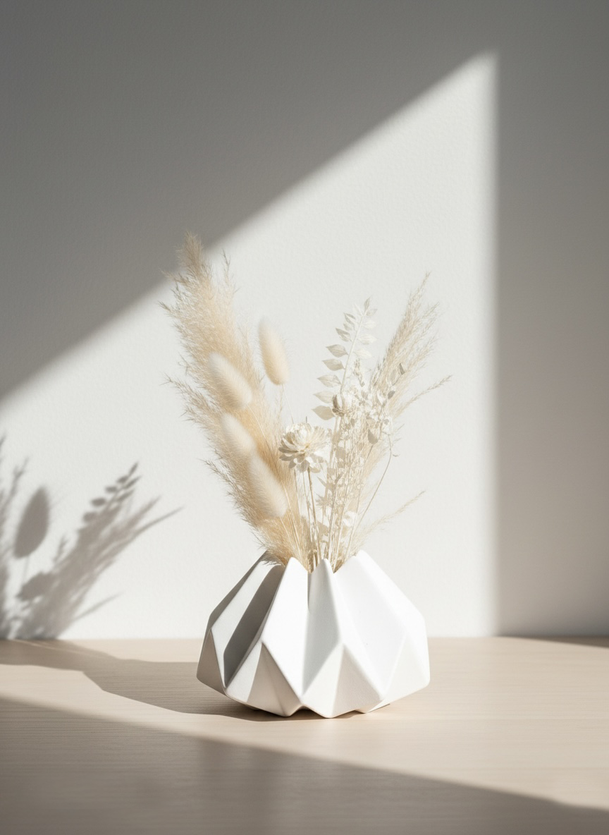 White geometric vase with dried pampas grass against a light background