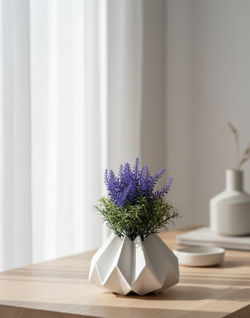 White ceramic vase with purple flowers on a wooden surface