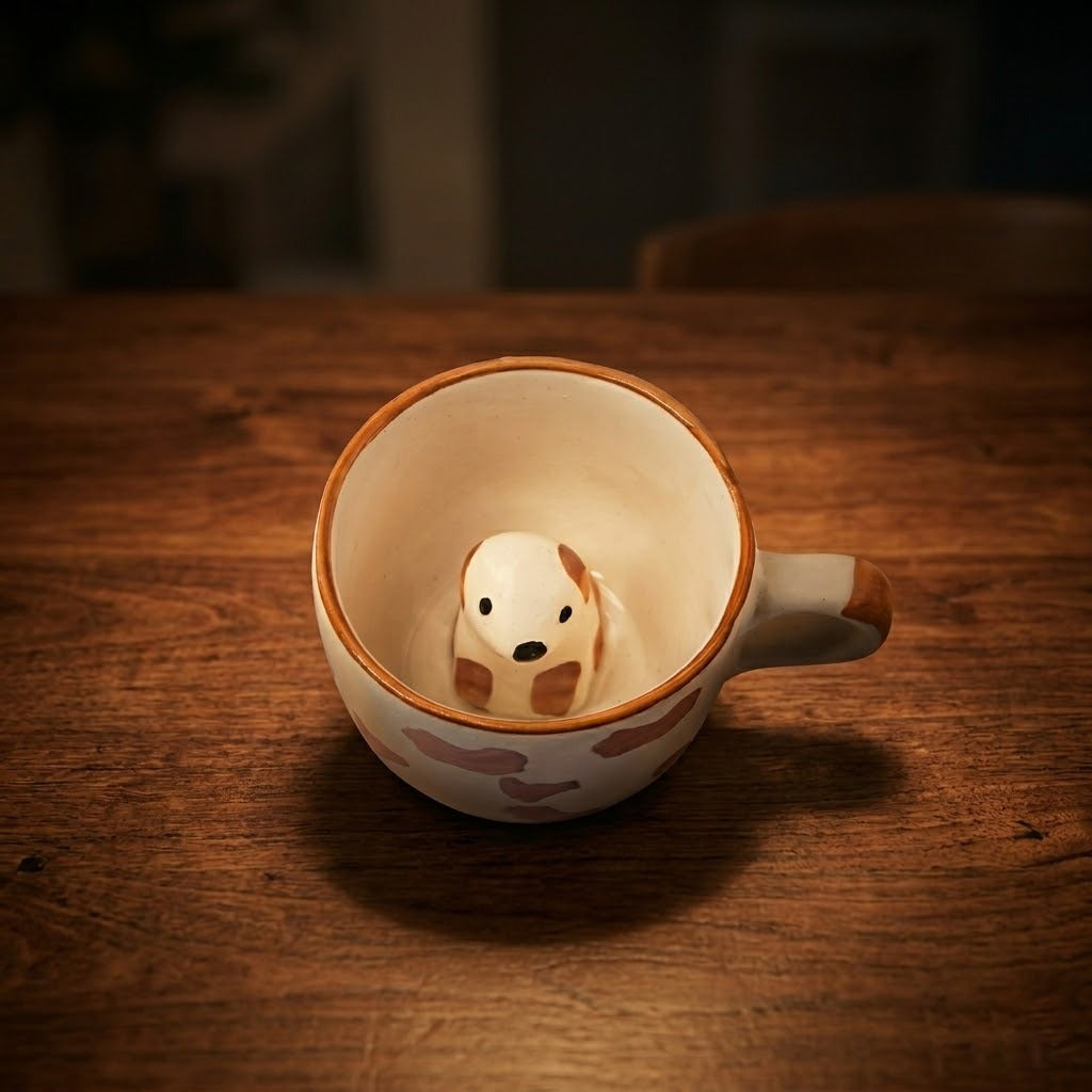 Small dog figurine inside a ceramic cup on a wooden surface