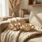 Two ceramic mugs with animal designs on a cozy couch with a blanket and decorative items.