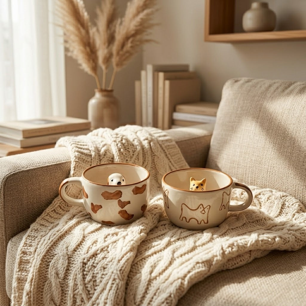 Two ceramic mugs with animal designs on a cozy couch with a blanket and decorative items.