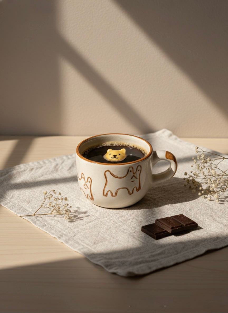 Cup of coffee with a bear cookie in it on a light surface with decorative elements.