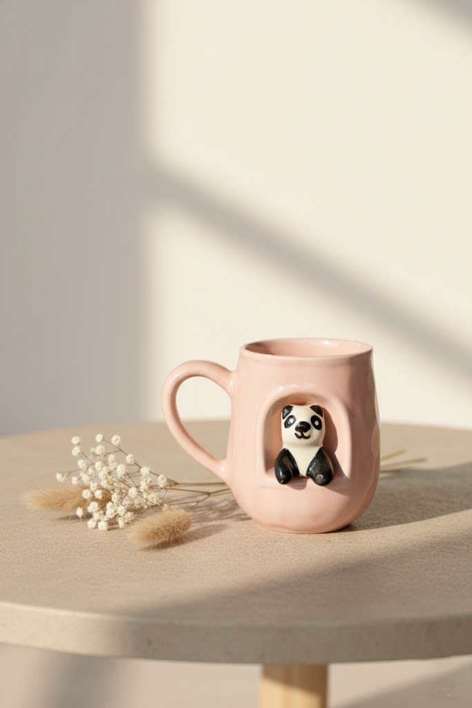 Pink mug with panda design on a beige surface