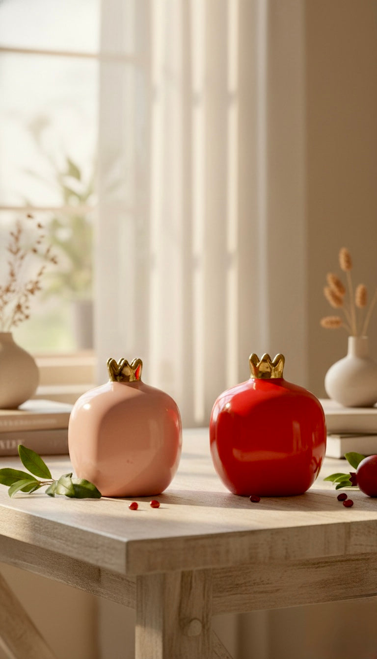 Two decorative pomegranate-shaped vases on a wooden table with a blurred background