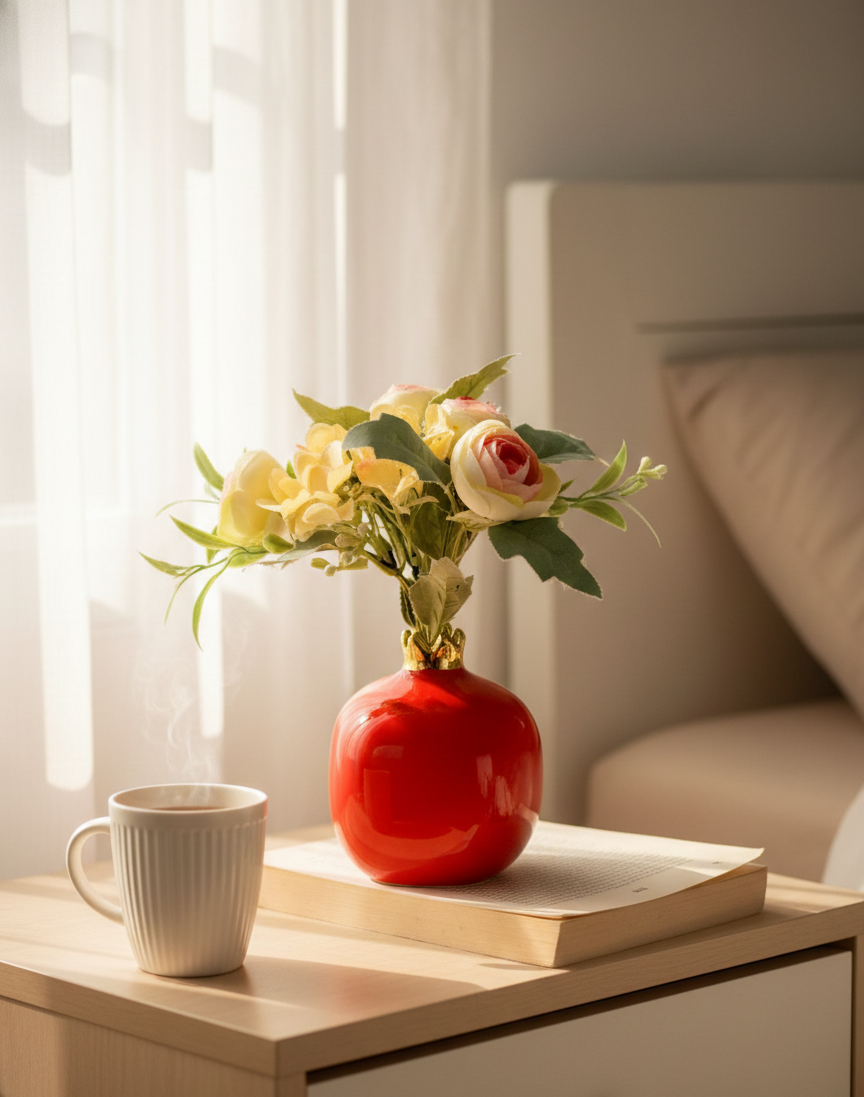 Red vase with flowers on a wooden table next to a white mug and book, with a blurred background