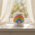 White mug with a colorful rainbow design on a windowsill with light curtains.