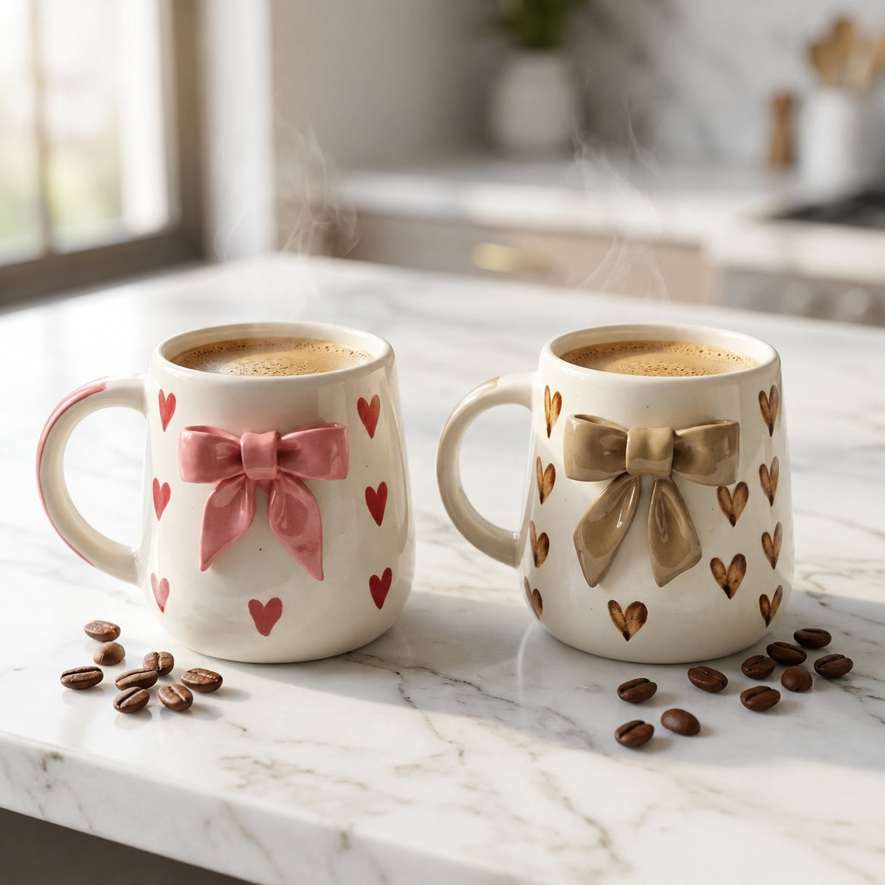 Two ceramic mugs with decorative bows and heart patterns on a marble surface.
