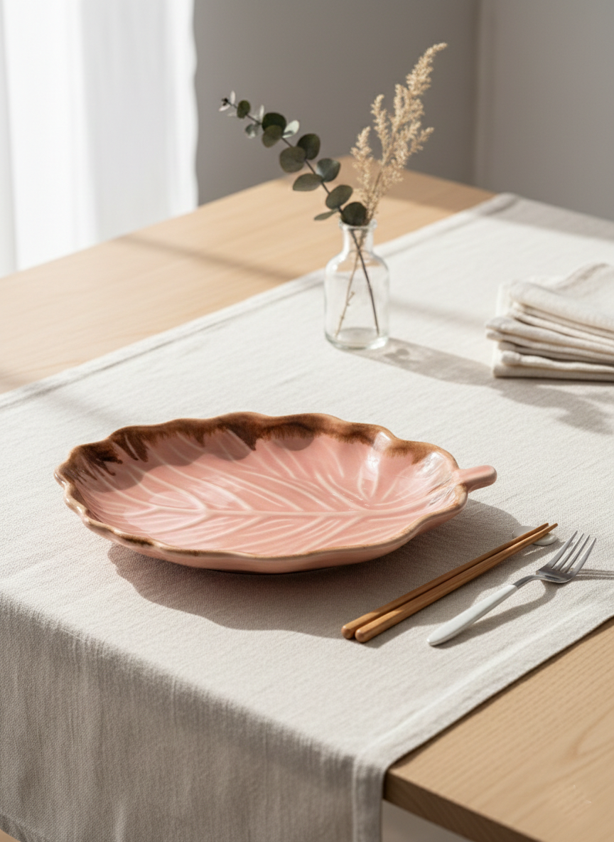 Pink ceramic leaf-shaped dish on a table with a vase and cutlery