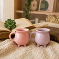 Two pink mugs on a blanket with an open book and succulent in the background.