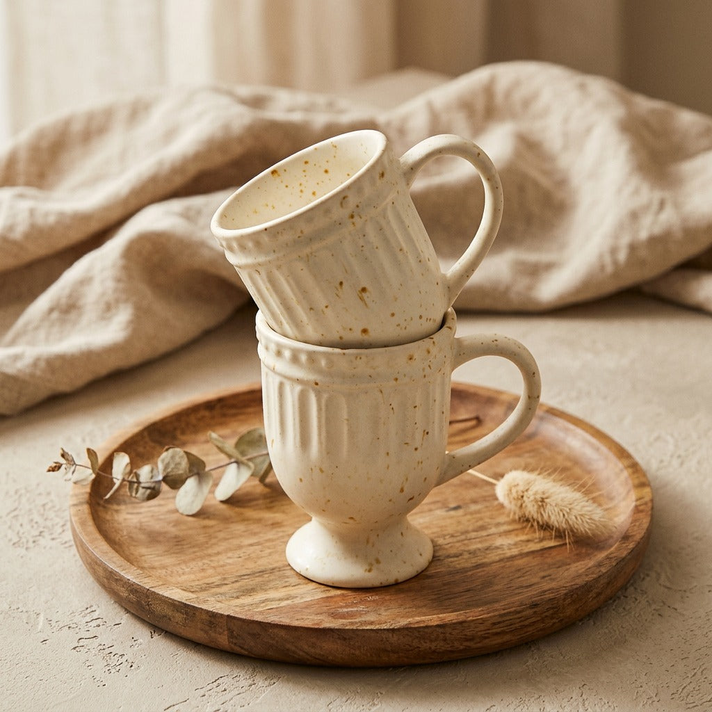 Two stacked ceramic mugs on a wooden tray with a neutral background