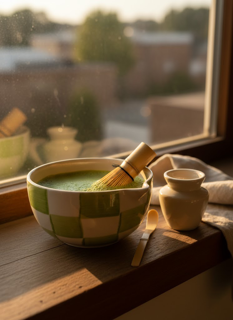 Green tea preparation set on a windowsill with a blurred outdoor background