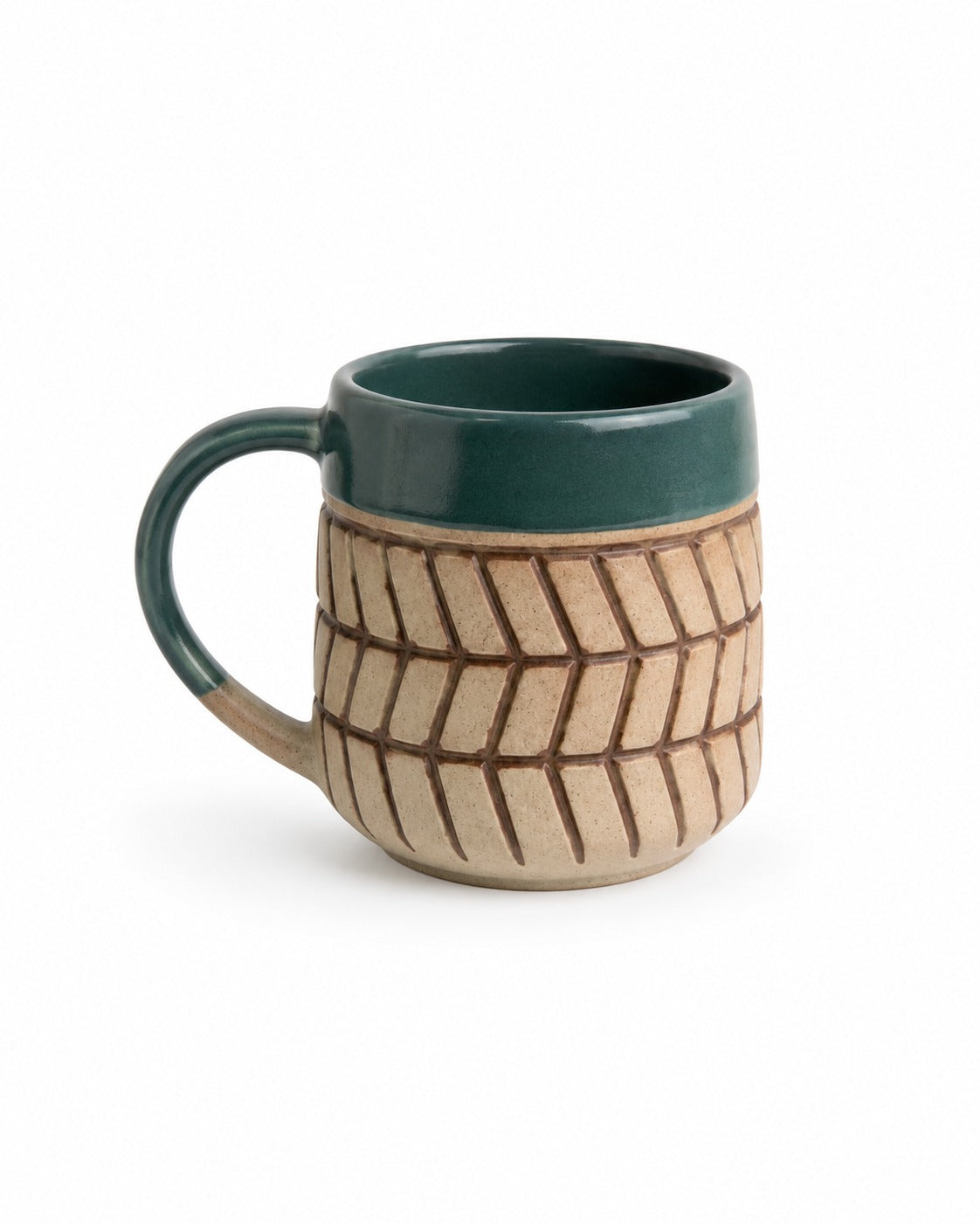 A ceramic mug with a dark green glazed interior and handle, and a textured beige exterior featuring a basketweave pattern with brown detailing.