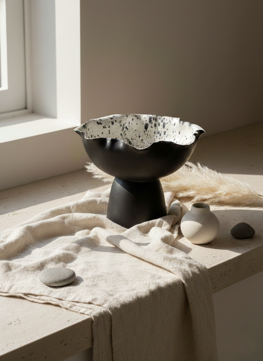 Decorative black bowl with a textured surface on a light-colored surface with a neutral background