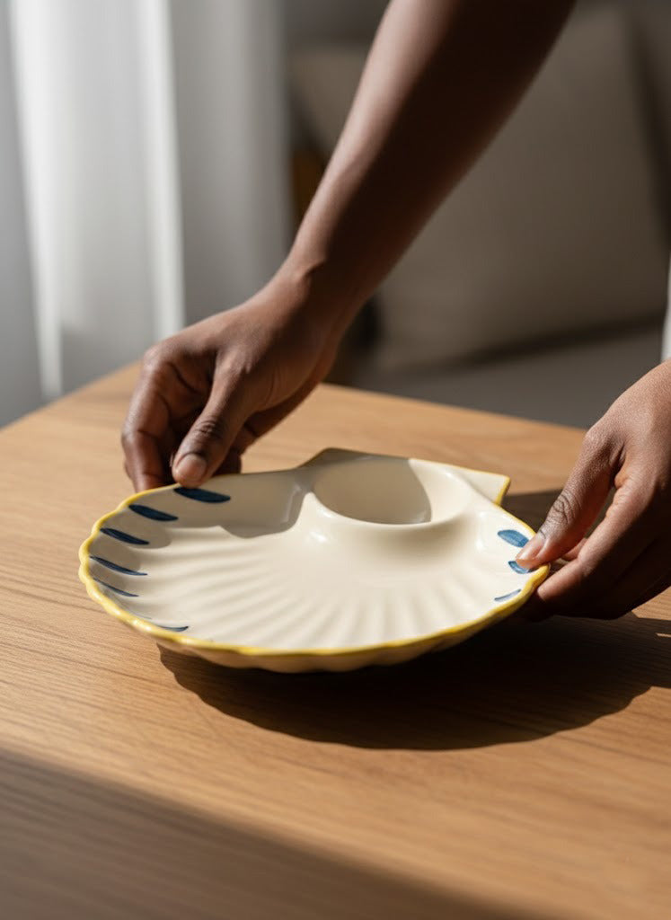 Person holding a shell-shaped ceramic dish on a wooden table