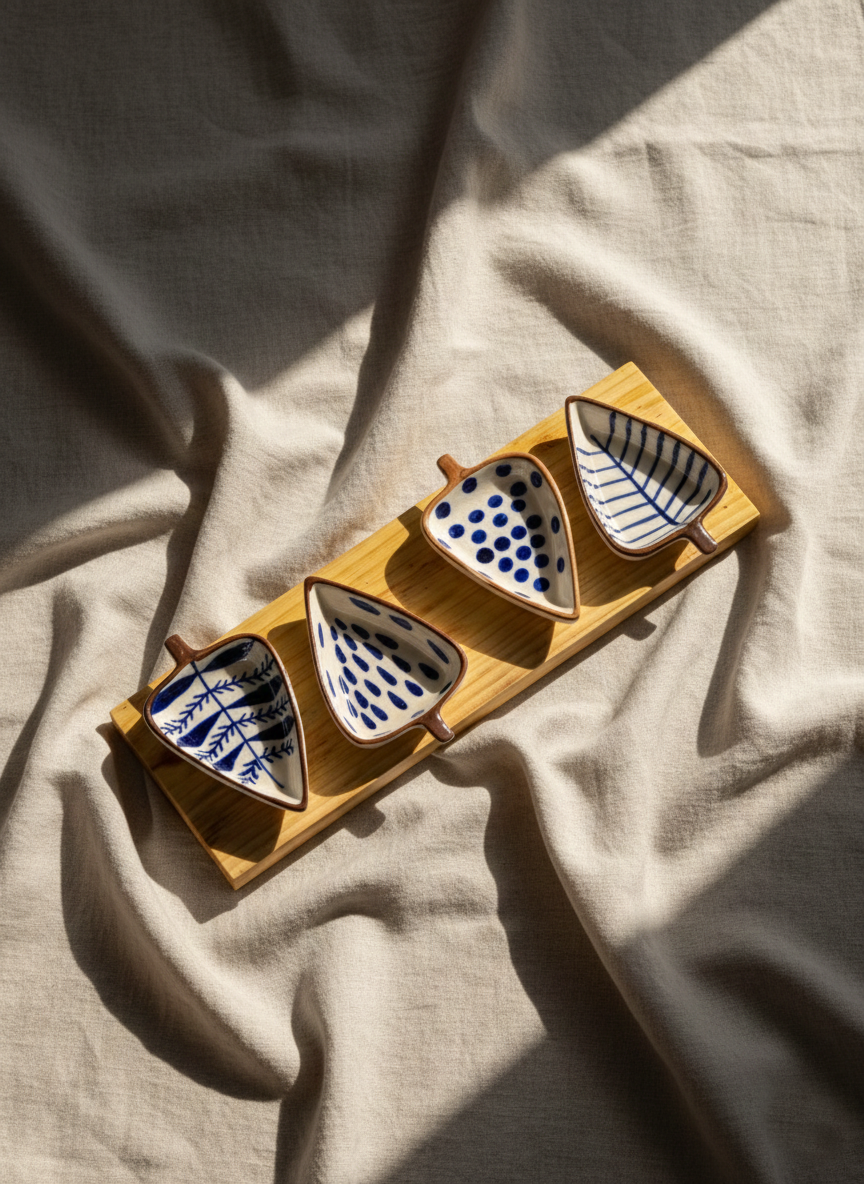 Set of four ceramic leaf-shaped dishes with blue patterns on a wooden tray, placed on a beige fabric background.