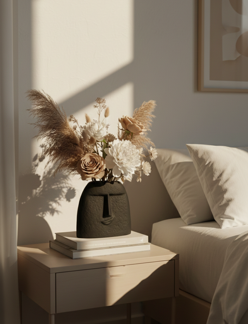 Decorative vase with flowers on a nightstand next to a bed
